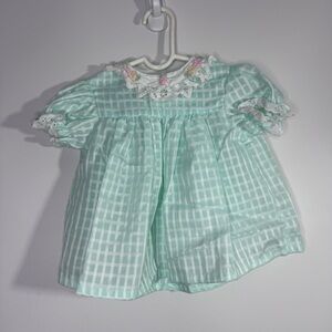 Little Bitty Baby Dress 3-6M Mint Gingham Lace Puff Sleeve Vintage Easter Dress
